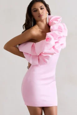 At The Opera | Pink Satin One Shoulder Ruffled Mini Dress