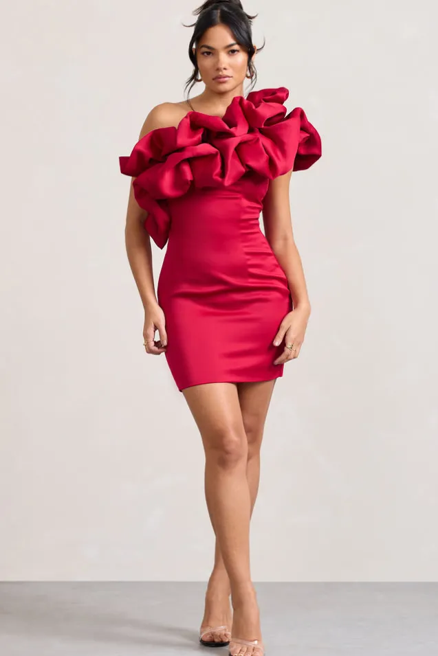 At The Opera | Red Satin One Shoulder Ruffled Mini Dress