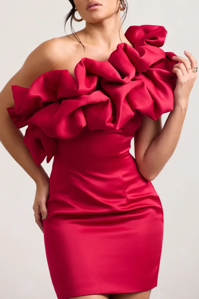 At The Opera | Red Satin One Shoulder Ruffled Mini Dress
