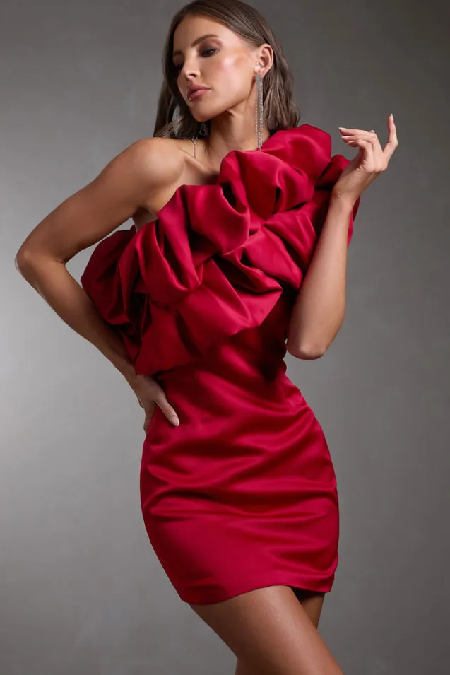 At The Opera | Red Satin One Shoulder Ruffled Mini Dress