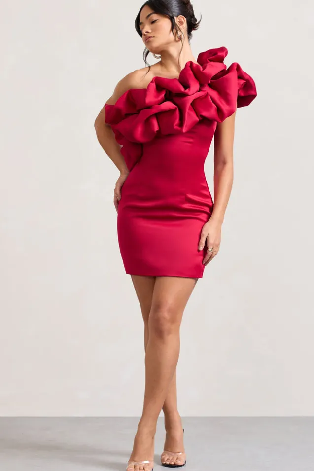 At The Opera | Red Satin One Shoulder Ruffled Mini Dress