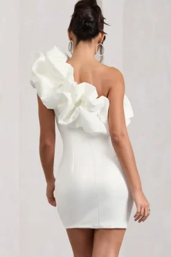 At The Opera | White Satin One Shoulder Ruffled Mini Dress