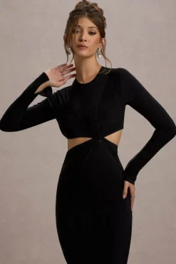 Attina | Black Long-Sleeve Twisted Cut-Out Maxi Dress