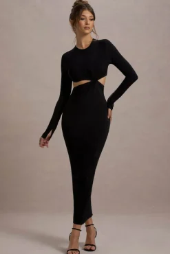 Attina | Black Long-Sleeve Twisted Cut-Out Maxi Dress