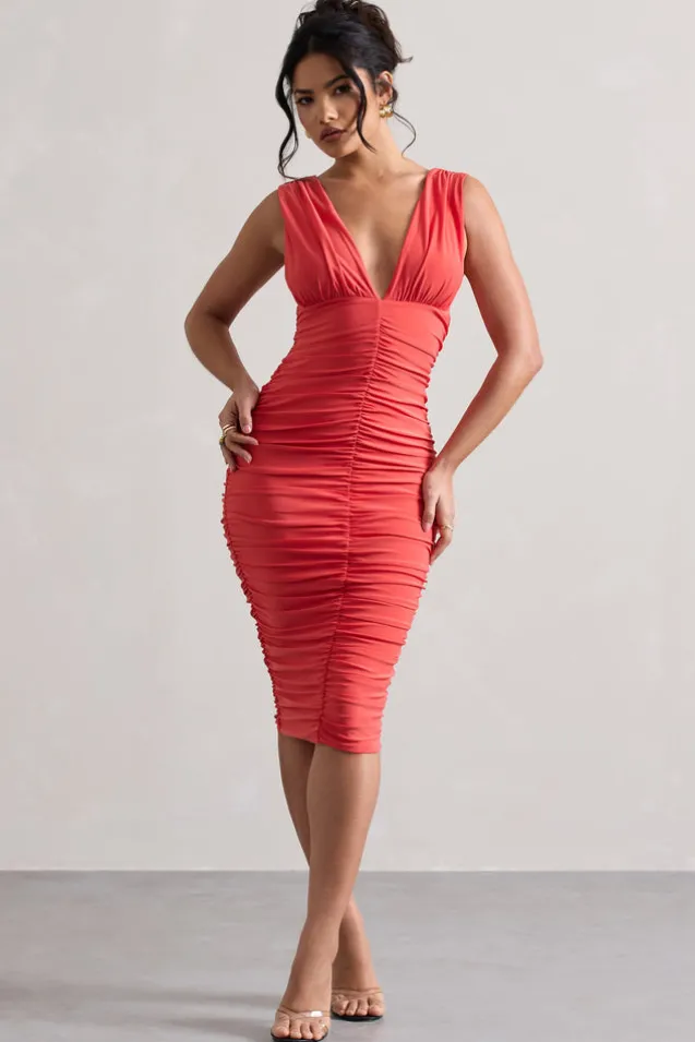 Attract | Coral Ruched Plunge-Neck Midi Dress