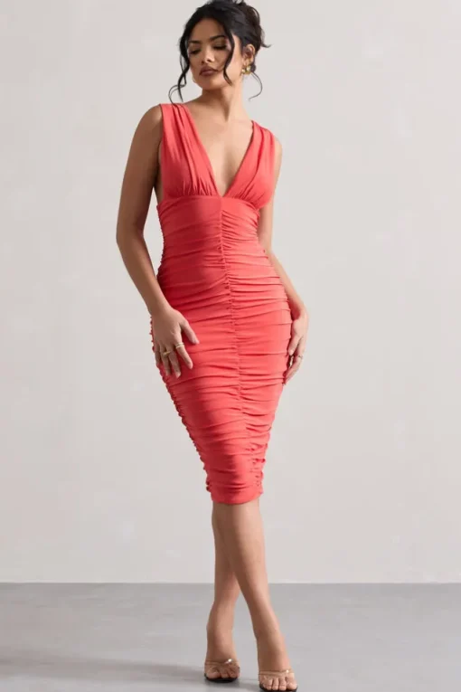 Attract | Coral Ruched Plunge-Neck Midi Dress