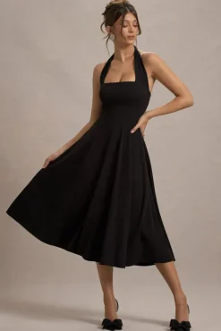 Auburn | Black Halter Skater Midi Dress