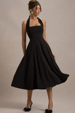 Auburn | Black Halter Skater Midi Dress