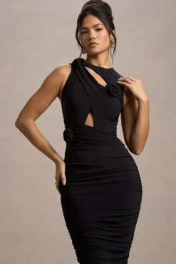 Audelia | Black Cut-Out Maxi Dress With Floral Corsages