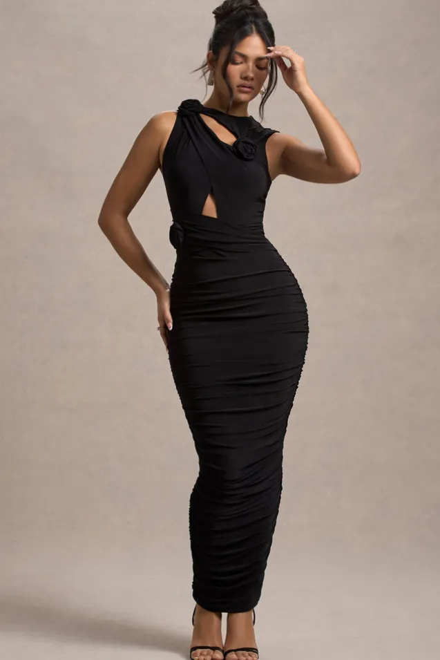 Audelia | Black Cut-Out Maxi Dress With Floral Corsages