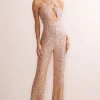 Audrey | Champagne Sequin Cross Front Flared Leg Jumpsuit With Keyhole Detail