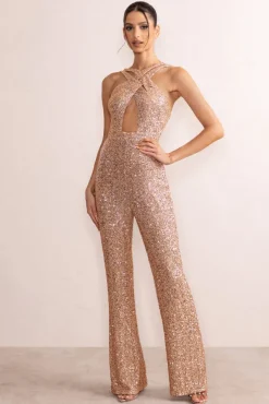 Audrey | Champagne Sequin Cross Front Flared Leg Jumpsuit With Keyhole Detail