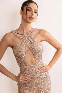 Audrey | Champagne Sequin Cross Front Flared Leg Jumpsuit With Keyhole Detail