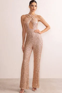 Audrey | Champagne Sequin Cross Front Flared Leg Jumpsuit With Keyhole Detail