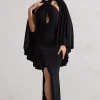 Audrina | Black Ruched Halter-Neck Split Maxi Dress With Cape