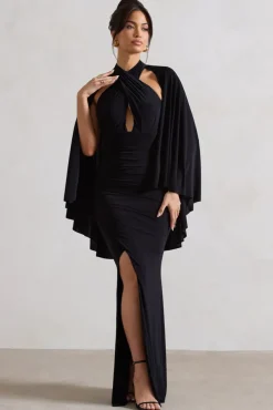 Audrina | Black Ruched Halter-Neck Split Maxi Dress With Cape