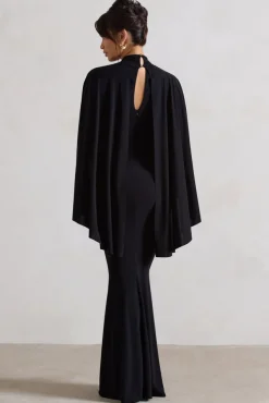 Audrina | Black Ruched Halter-Neck Split Maxi Dress With Cape