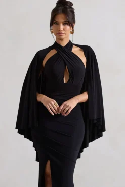 Audrina | Black Ruched Halter-Neck Split Maxi Dress With Cape