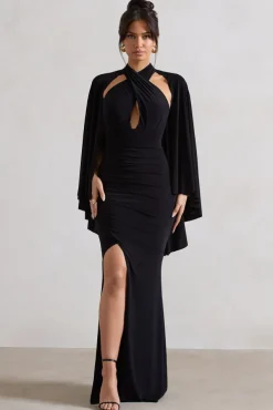 Audrina | Black Ruched Halter-Neck Split Maxi Dress With Cape
