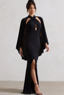 Audrina | Black Ruched Halter-Neck Split Maxi Dress With Cape