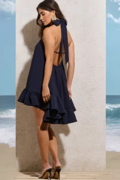 August | Navy Halter-Neck Smock Mini Dress