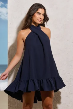 August | Navy Halter-Neck Smock Mini Dress