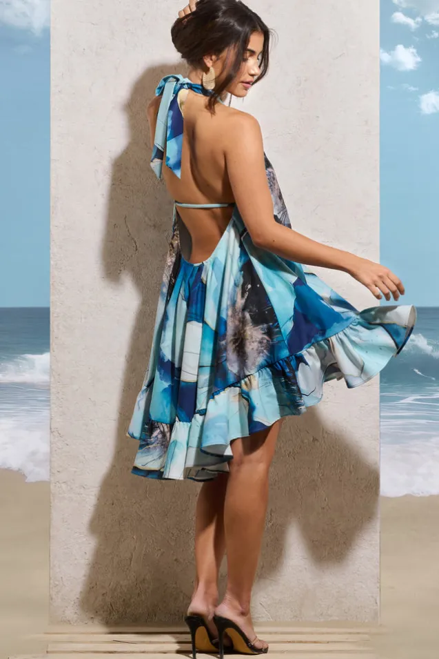 August | White Print Halter-Neck Smock Mini Dress