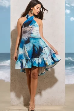 August | White Print Halter-Neck Smock Mini Dress