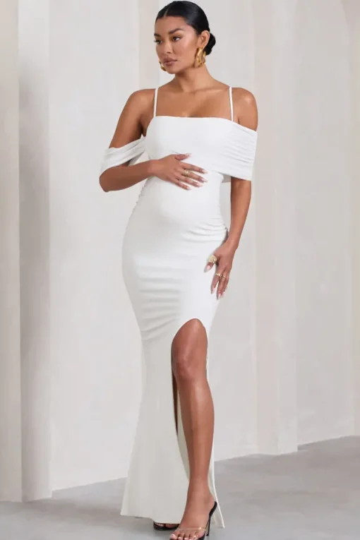 Augusta | White Mesh Bardot Strappy Split Maternity Maxi Dress