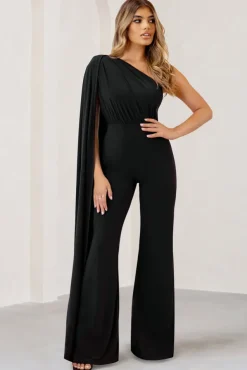 Aurora | Black One Shoulder Cape Sleeve Jumpsuit
