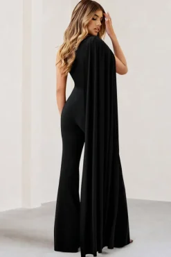 Aurora | Black One Shoulder Cape Sleeve Jumpsuit