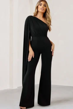 Aurora | Black One Shoulder Cape Sleeve Jumpsuit