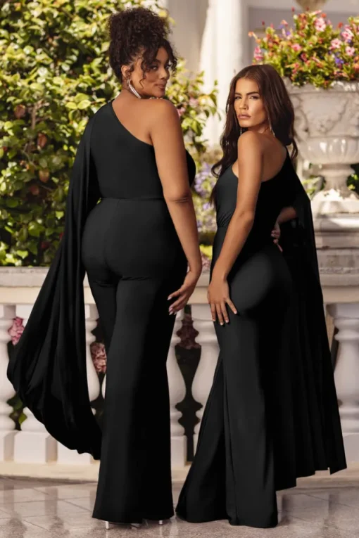 Aurora | Black One Shoulder Cape Sleeve Jumpsuit