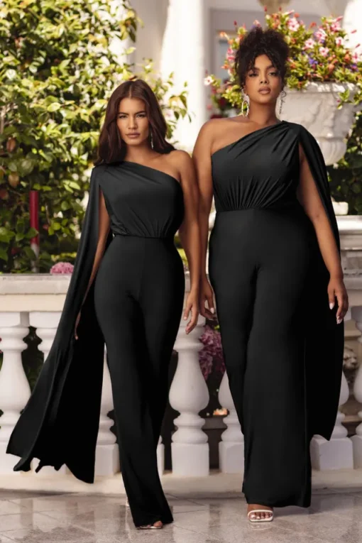 Aurora | Black One Shoulder Cape Sleeve Jumpsuit