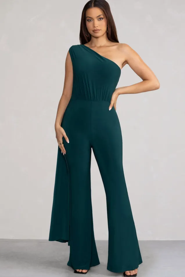 Aurora | Deep Green One Shoulder Cape Sleeve Jumpsuit
