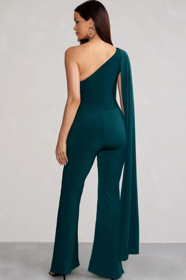 Aurora | Deep Green One Shoulder Cape Sleeve Jumpsuit