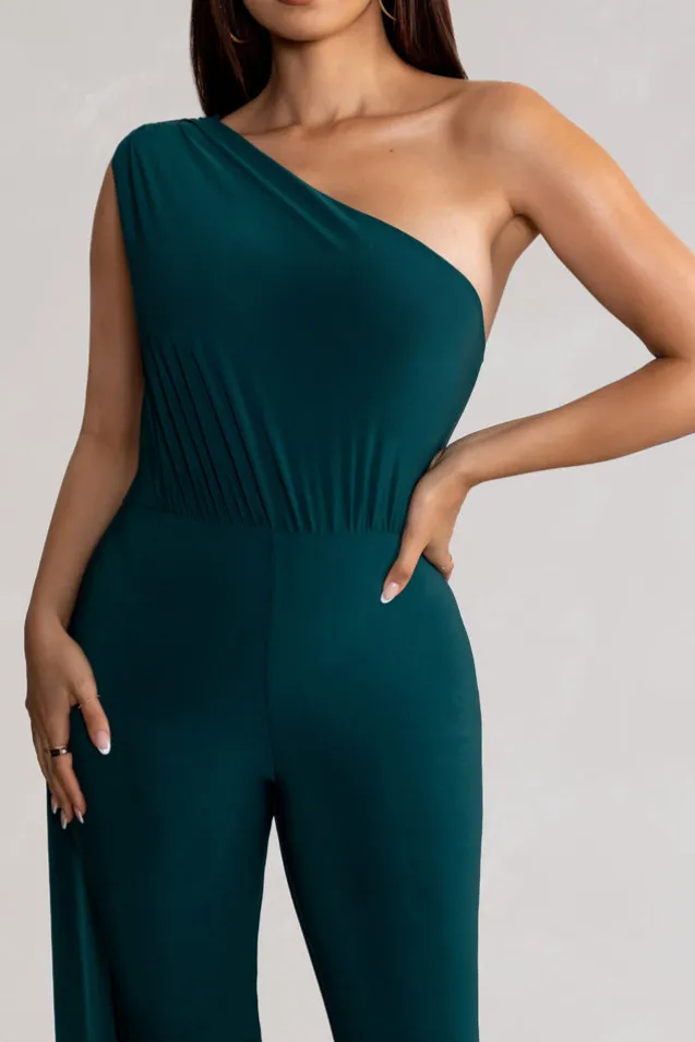 Aurora | Deep Green One Shoulder Cape Sleeve Jumpsuit
