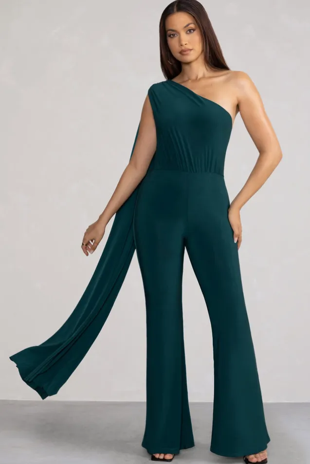 Aurora | Deep Green One Shoulder Cape Sleeve Jumpsuit