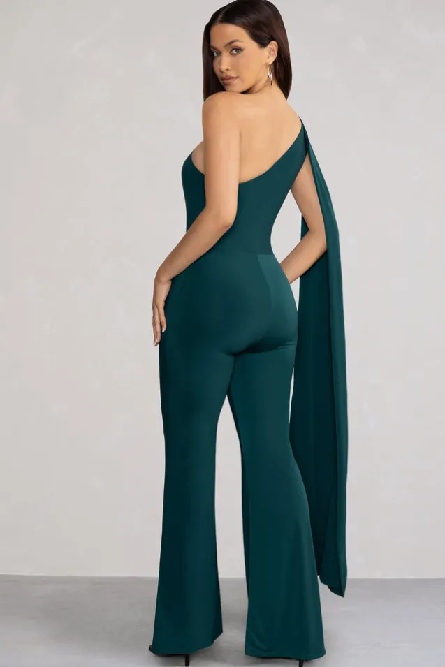 Aurora | Deep Green One Shoulder Cape Sleeve Jumpsuit