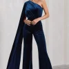 Aurora | Navy Velvet One Shoulder Cape Sleeve Jumpsuit