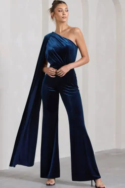 Aurora | Navy Velvet One Shoulder Cape Sleeve Jumpsuit
