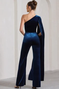 Aurora | Navy Velvet One Shoulder Cape Sleeve Jumpsuit
