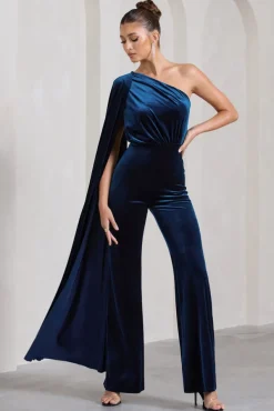 Aurora | Navy Velvet One Shoulder Cape Sleeve Jumpsuit
