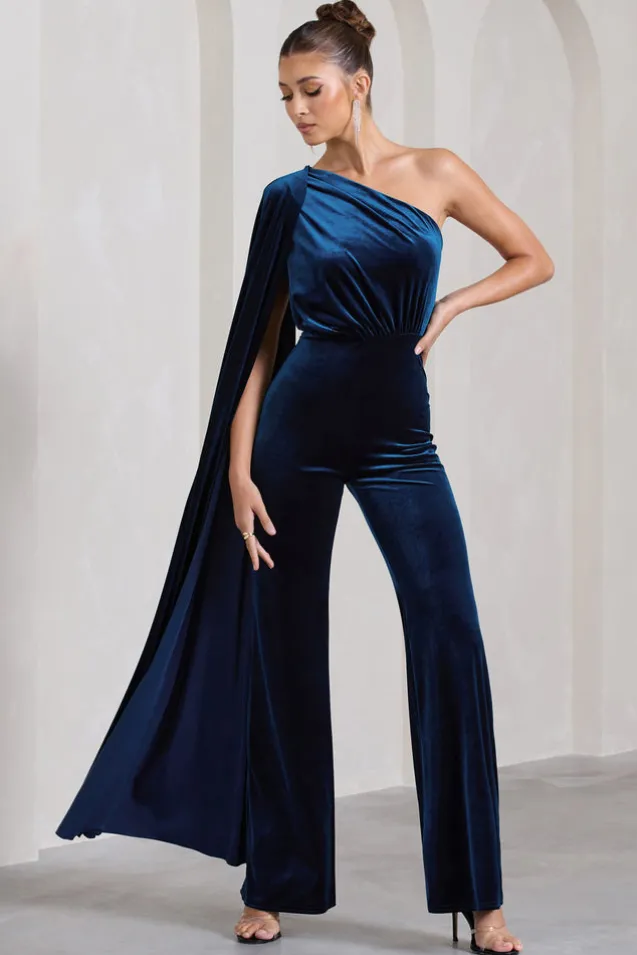Aurora | Navy Velvet One Shoulder Cape Sleeve Jumpsuit