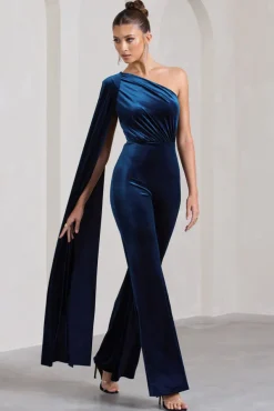 Aurora | Navy Velvet One Shoulder Cape Sleeve Jumpsuit