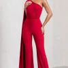 Aurora | Red One Shoulder Cape Sleeve Jumpsuit