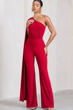 Aurora | Red One Shoulder Cape Sleeve Jumpsuit