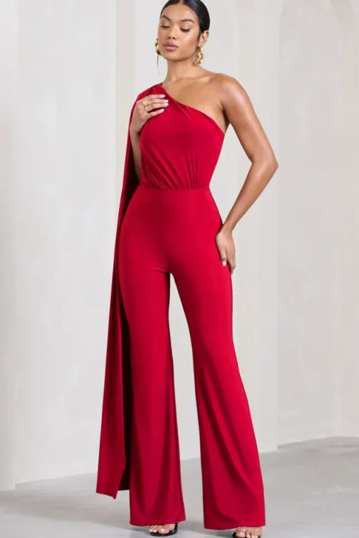 Aurora | Red One Shoulder Cape Sleeve Jumpsuit