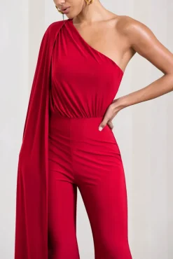 Aurora | Red One Shoulder Cape Sleeve Jumpsuit