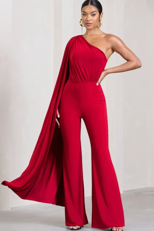 Aurora | Red One Shoulder Cape Sleeve Jumpsuit